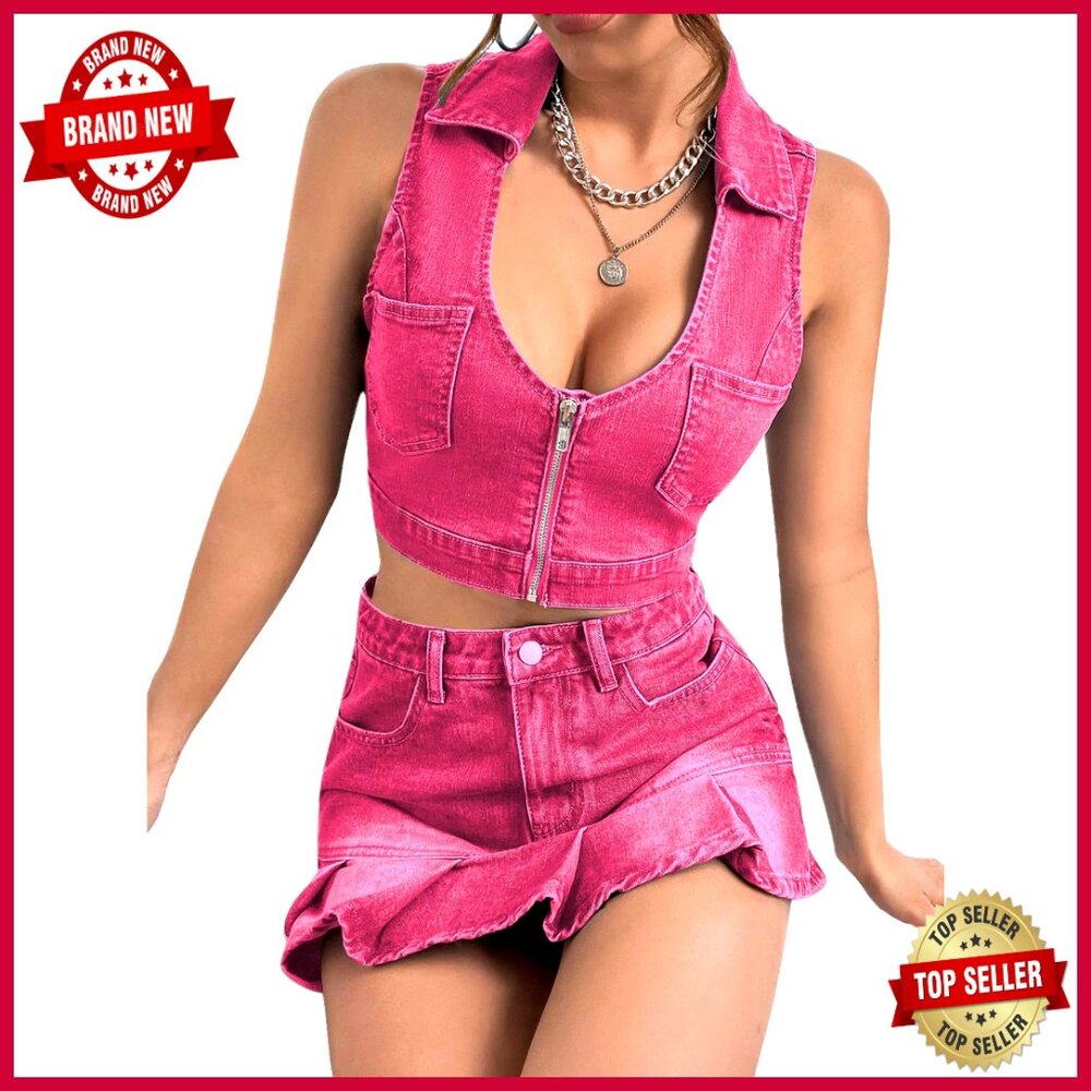 Slim Fit Denim Tank Top with Zipper Front and Patched Pockets